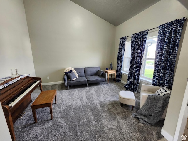 9362 N Sunnyvale Dr, Eagle Mountain, UT 84005 - carpeted living area with baseboards and high vaulted ceiling