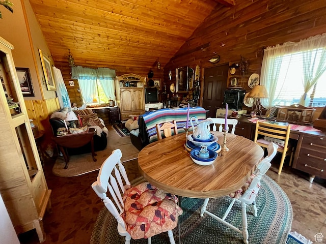11775 E 14270 N, Mount Pleasant, UT 84647 - dining area with wood walls, plenty of natural light, lofted ceiling, and wood ceiling