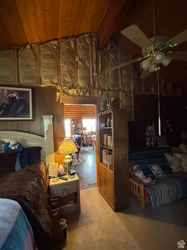 11775 E 14270 N, Mount Pleasant, UT 84647 - bedroom featuring high vaulted ceiling, carpet, wooden ceiling, and wooden walls