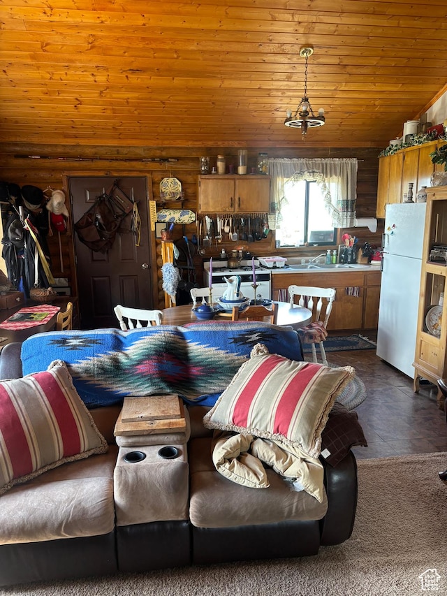 living area featuring wooden ceiling