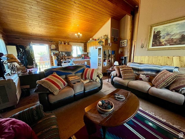 11775 E 14270 N, Mount Pleasant, UT 84647 - living area featuring wooden ceiling, lofted ceiling, a wainscoted wall, and wooden walls
