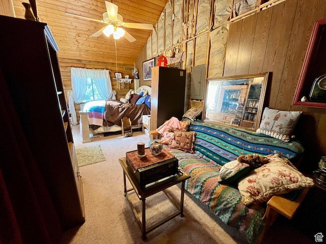 11775 E 14270 N, Mount Pleasant, UT 84647 - carpeted bedroom with lofted ceiling, wood ceiling, and wooden walls