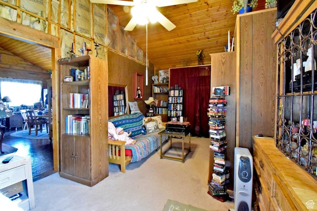 11775 E 14270 N, Mount Pleasant, UT 84647 - living room with lofted ceiling, a ceiling fan, wood walls, wooden ceiling, and carpet