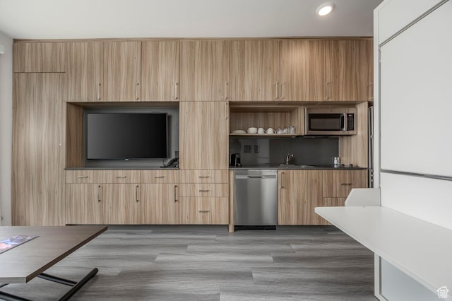 2670 Canyons Resort Dr Unit 331, Park City, UT 84098 - kitchen featuring appliances with stainless steel finishes, light brown cabinets, open shelves, and recessed lighting