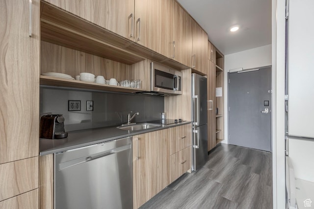 2670 Canyons Resort Dr Unit 331, Park City, UT 84098 - kitchen featuring stainless steel appliances, open shelves, modern cabinets, and light brown cabinets
