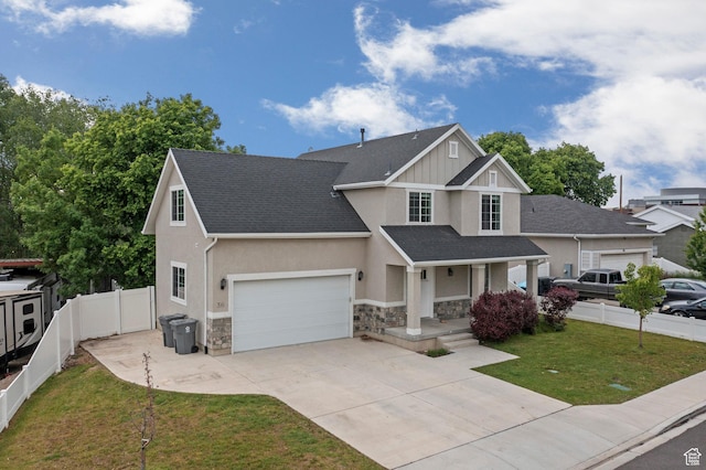 craftsman-style house featuring stone siding, a porch, concrete driveway, an attached garage, and roof with shingles