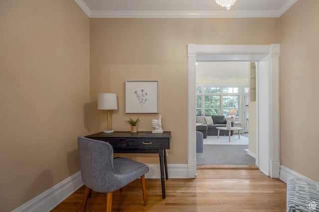 914 E 1st Ave, Salt Lake City, UT 84103 - home office featuring baseboards, light wood-style flooring, and ornamental molding