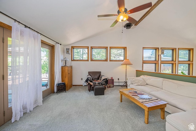 carpeted living room featuring a baseboard radiator, lofted ceiling, and a ceiling fan