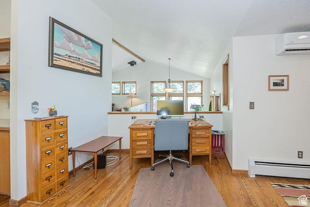 home office featuring an AC wall unit, wood finished floors, baseboard heating, and baseboards