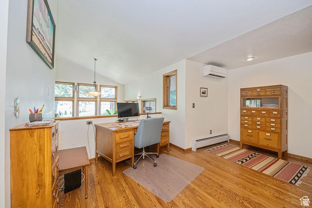office area with a baseboard heating unit, light wood-style flooring, a wall mounted AC, baseboards, and vaulted ceiling
