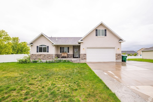 view of front of home featuring stone siding, stucco siding, an attached garage, and concrete driveway
