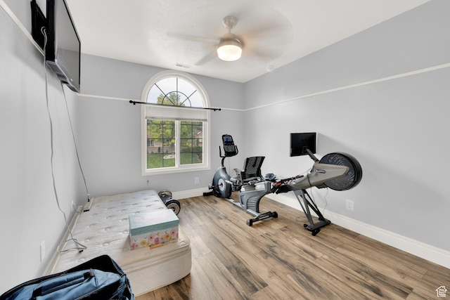 13856 S Cromwell Ln E, Draper, UT 84020 - exercise room featuring baseboards, wood finished floors, and a ceiling fan