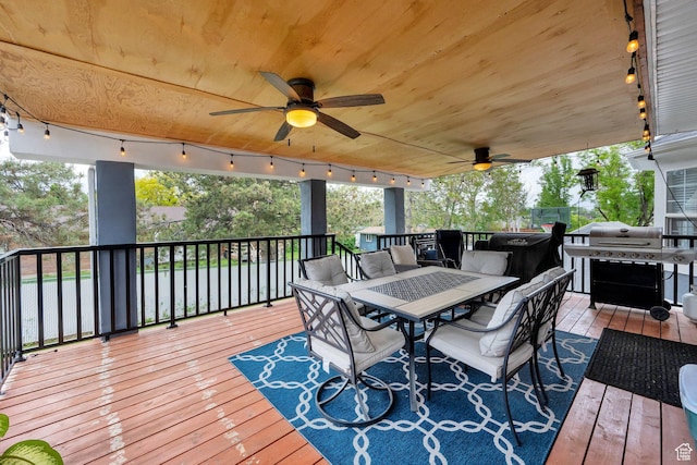 13856 S Cromwell Ln E, Draper, UT 84020 - deck with outdoor dining area, ceiling fan, and area for grilling