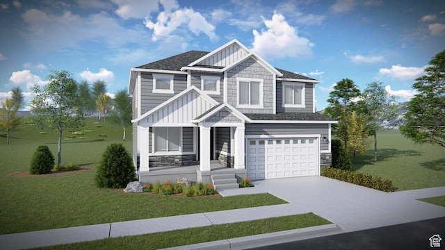 1051 N 3685 W Unit 250, Lehi, UT 84043 - view of front of property with board and batten siding, concrete driveway, a garage, a front lawn, and stone siding