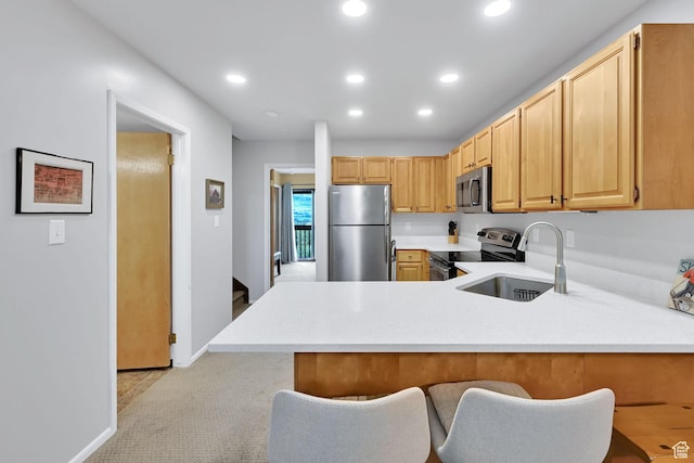 3615 N Wolf Lodge Dr Unit 1109, Eden, UT 84310 - kitchen with appliances with stainless steel finishes, a sink, a peninsula, recessed lighting, and light carpet