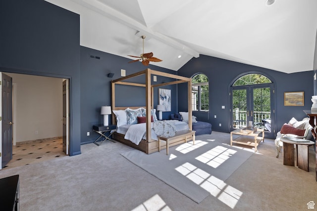 carpeted bedroom with access to outside, baseboards, and ceiling fan