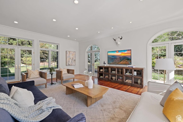 living room with french doors, ornamental molding, wood finished floors, and recessed lighting