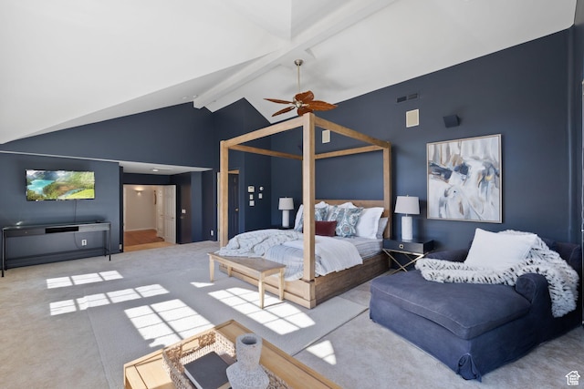 carpeted bedroom featuring high vaulted ceiling and beam ceiling