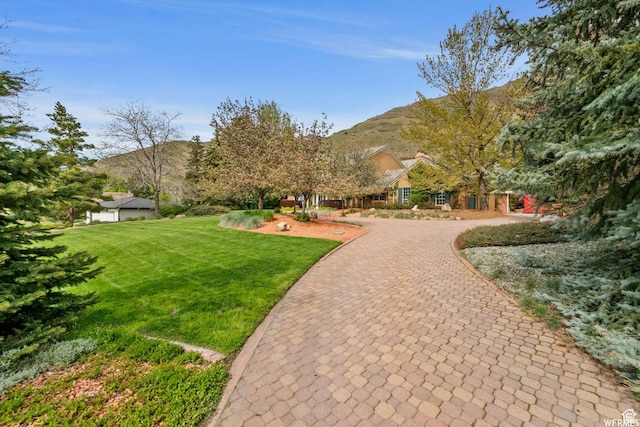 view of property's community with a mountain view, curved driveway, and a lawn
