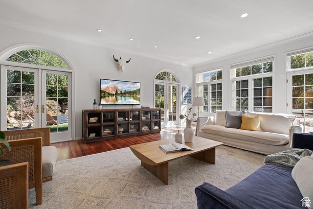 living room featuring french doors, ornamental molding, wood finished floors, plenty of natural light, and recessed lighting