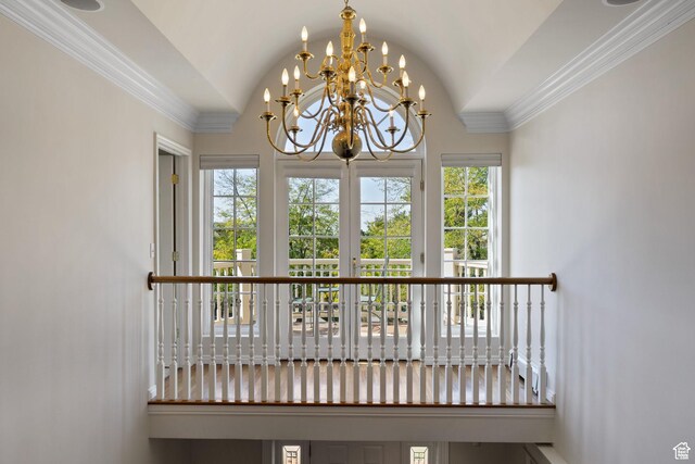 detailed view of a chandelier and ornamental molding