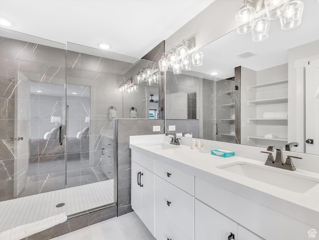 1374 Gambel Oak Way, Park City, UT 84098 - bathroom featuring a shower stall, double vanity, tile patterned flooring, and tile walls