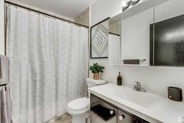 full bathroom with toilet, vanity, and a shower with shower curtain