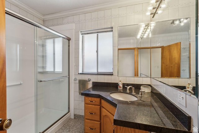 1435 S 500 E, Salt Lake City, UT 84105 - bathroom featuring a shower stall, ornamental molding, and vanity