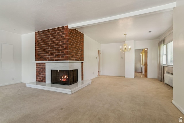 1435 S 500 E, Salt Lake City, UT 84105 - unfurnished living room featuring radiator heating unit, a chandelier, a brick fireplace, carpet, and beamed ceiling