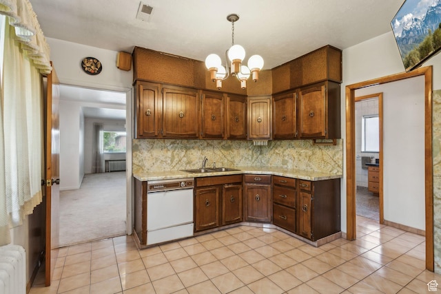 1435 S 500 E, Salt Lake City, UT 84105 - kitchen featuring radiator heating unit, dishwasher, a sink, a chandelier, and backsplash