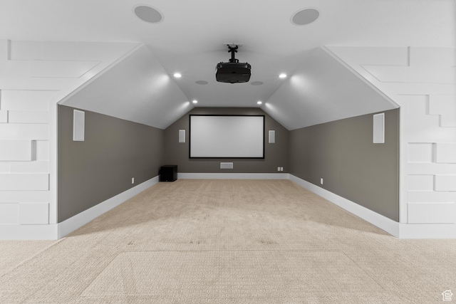1769 View Ct, Fruit Heights, UT 84037 - cinema with light colored carpet, vaulted ceiling, baseboards, and recessed lighting