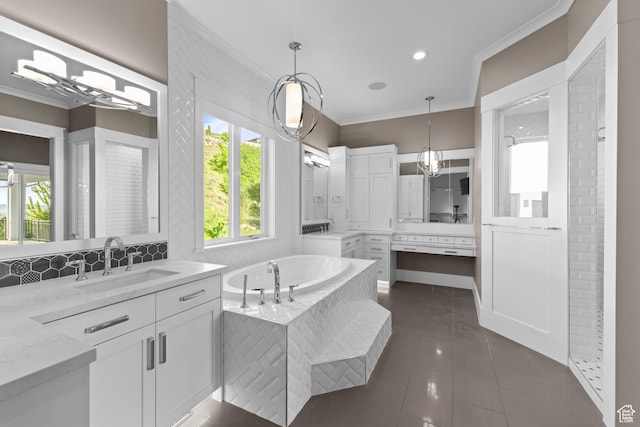1769 View Ct, Fruit Heights, UT 84037 - full bath with ornamental molding, tile patterned flooring, a garden tub, two vanities, and baseboards