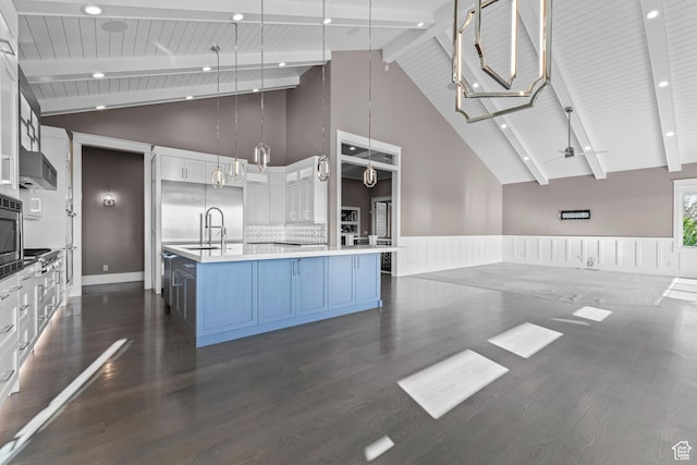 1769 View Ct, Fruit Heights, UT 84037 - kitchen with a sink, open floor plan, beam ceiling, wainscoting, and dark wood-style floors