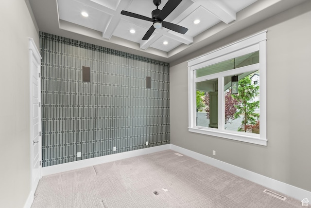 1769 View Ct, Fruit Heights, UT 84037 - carpeted empty room with coffered ceiling, baseboards, ceiling fan, recessed lighting, and beamed ceiling