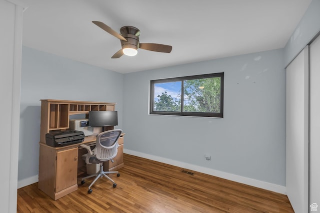 492 W Highland Dr, Riverdale, UT 84405 - office area featuring ceiling fan, baseboards, and wood finished floors
