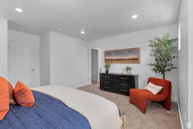 bedroom featuring light colored carpet, baseboards, and recessed lighting