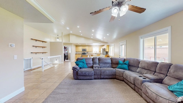 living room with light tile patterned floors, recessed lighting, ceiling fan, lofted ceiling, and baseboards