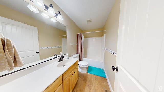 full bathroom featuring vanity, toilet, shower / bathtub combination with curtain, tile patterned floors, and baseboards