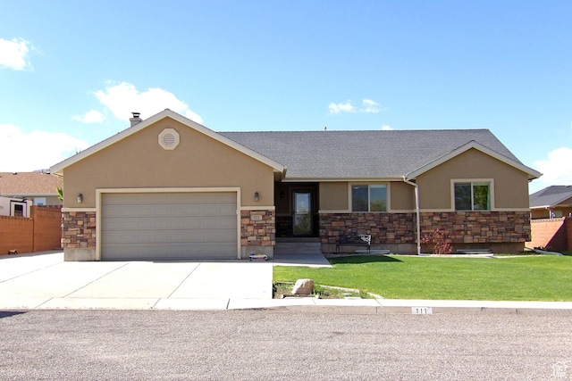 view of front of house featuring stucco siding, stone siding, a garage, driveway, and a shingled roof