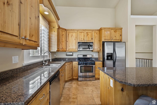 kitchen featuring stainless steel appliances, a sink, dark stone countertops, and crown molding