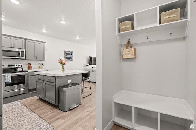 kitchen featuring stainless steel appliances, gray cabinetry, open shelves, light wood finished floors, and recessed lighting