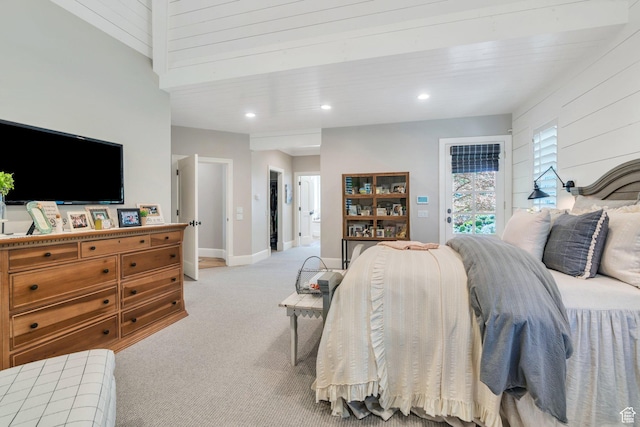 575 S 1560 E, Mapleton, UT 84664 - bedroom with light carpet, access to exterior, recessed lighting, baseboards, and wood walls