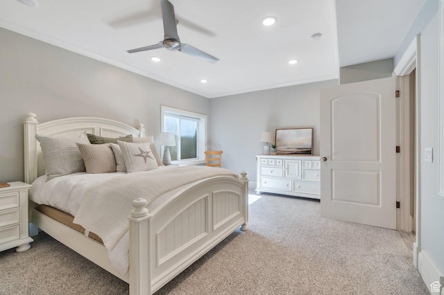 575 S 1560 E, Mapleton, UT 84664 - bedroom featuring light colored carpet, recessed lighting, crown molding, and a ceiling fan