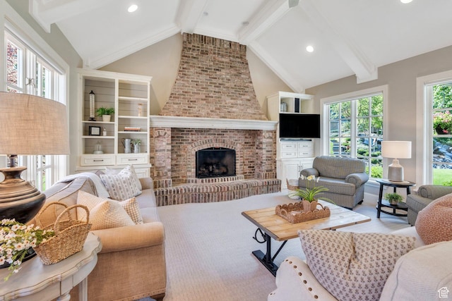 575 S 1560 E, Mapleton, UT 84664 - living area with beamed ceiling, a fireplace, and recessed lighting