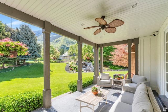 575 S 1560 E, Mapleton, UT 84664 - view of patio / terrace with an outdoor hangout area, a mountain view, and ceiling fan