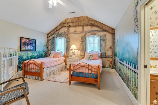 575 S 1560 E, Mapleton, UT 84664 - carpeted bedroom featuring vaulted ceiling, connected bathroom, and ceiling fan