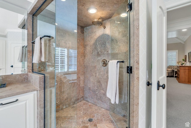 575 S 1560 E, Mapleton, UT 84664 - bathroom featuring crown molding, a stall shower, and vanity
