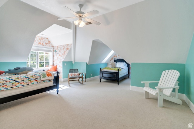 575 S 1560 E, Mapleton, UT 84664 - carpeted bedroom featuring baseboards, lofted ceiling, and ceiling fan