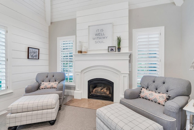 575 S 1560 E, Mapleton, UT 84664 - carpeted living room featuring wooden walls and a fireplace with raised hearth