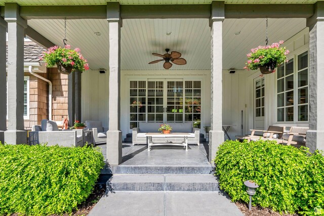 575 S 1560 E, Mapleton, UT 84664 - view of exterior entry featuring a porch, a ceiling fan, and an outdoor living space
